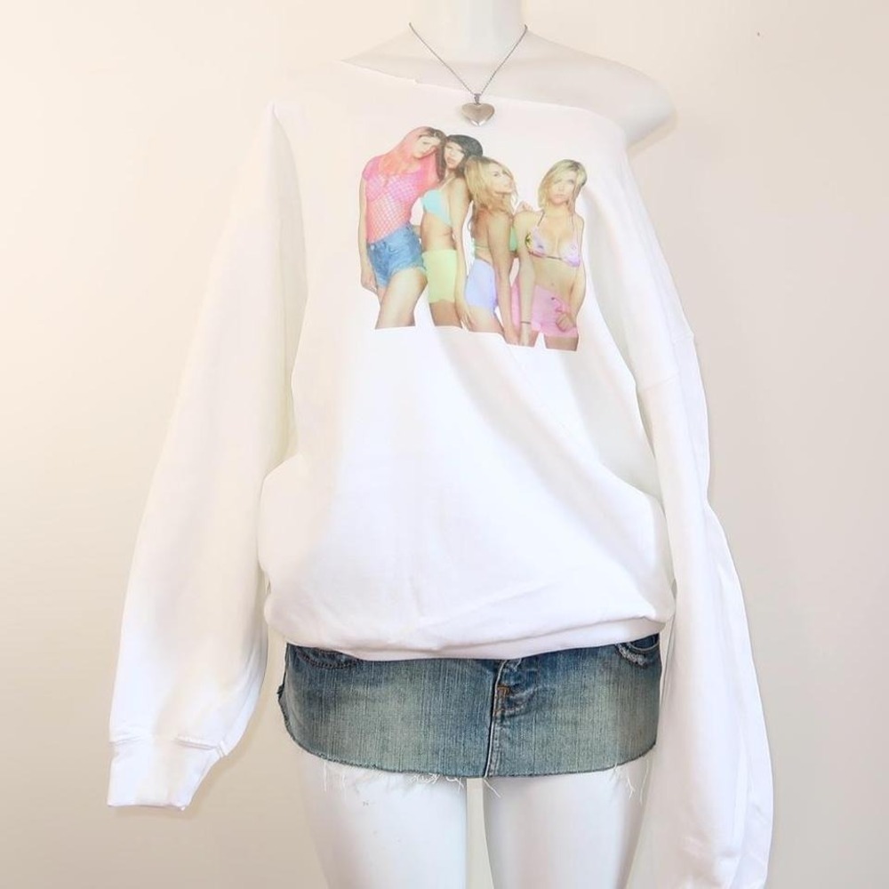 y2k 2010s graphic off shoulder sweatshirt bikini girls